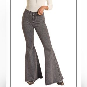 NWT Rock & Roll Denim Bargain Button Bell High Rise Bell Bottom Jeans Charcoal